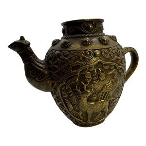 Antique Chinese Brass Teapot Deer & Bird Relief Design 3.25”‎